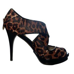 Michael Kors York Leopard Calf Hair Platform Peep Toe Heels - Size 8